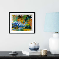 Capsule Tale No. 5 framed tropical wave wall art in modern coastal interior with black frame and white mat