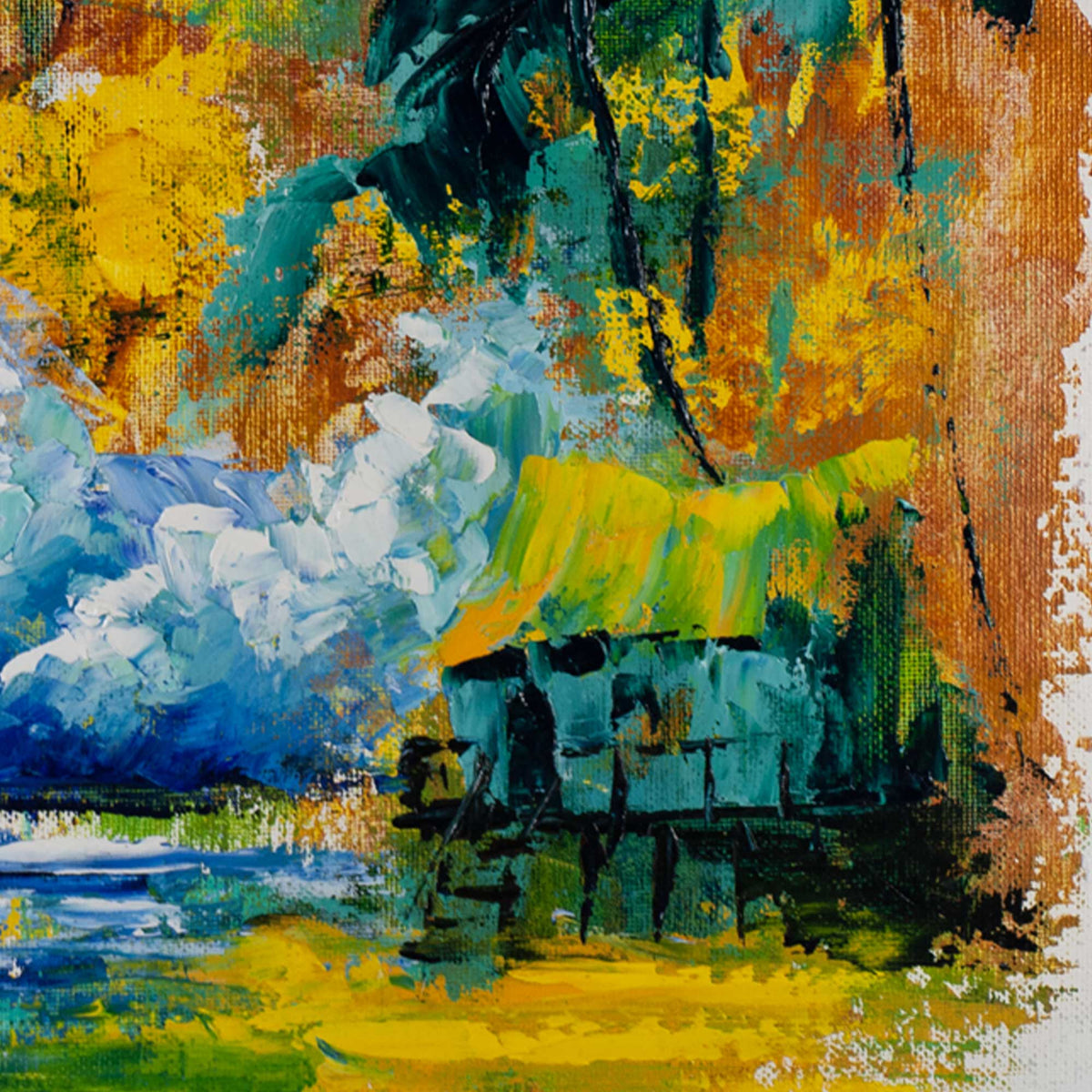 Close-up detail of Capsule Tale No. 5 featuring palm trees, tropical hut, and bold yellow and green abstract background