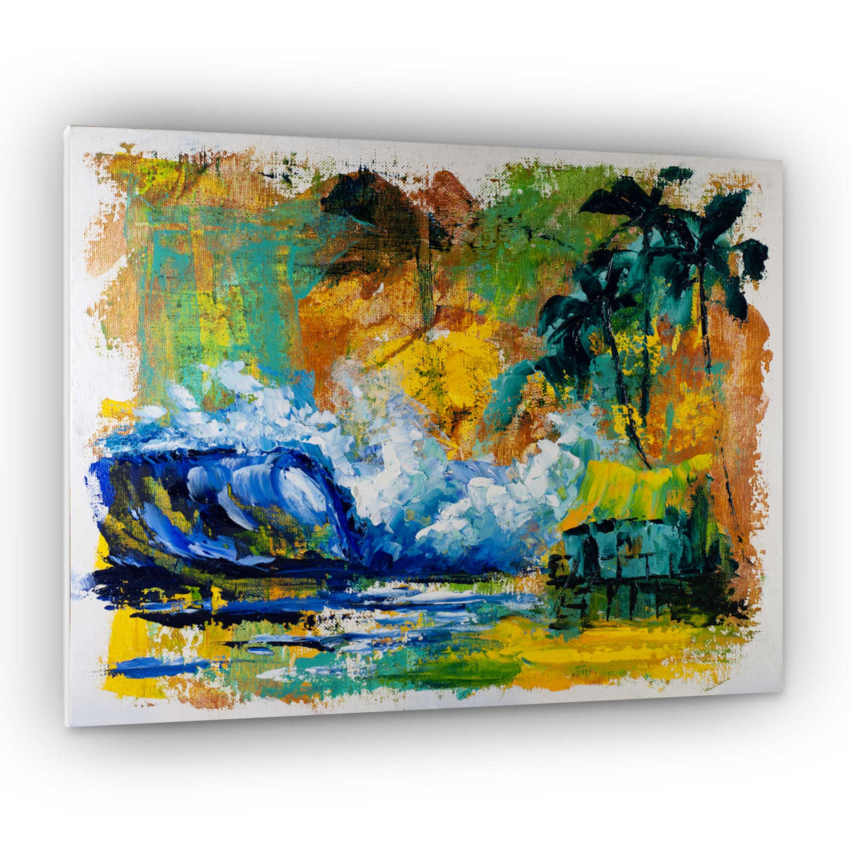 Capsule Tale No. 5 original abstract tropical wave painting with palm trees and hut, 11x14 mixed media coastal artwork