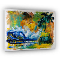 Capsule Tale No. 5 original abstract tropical wave painting with palm trees and hut, 11x14 mixed media coastal artwork