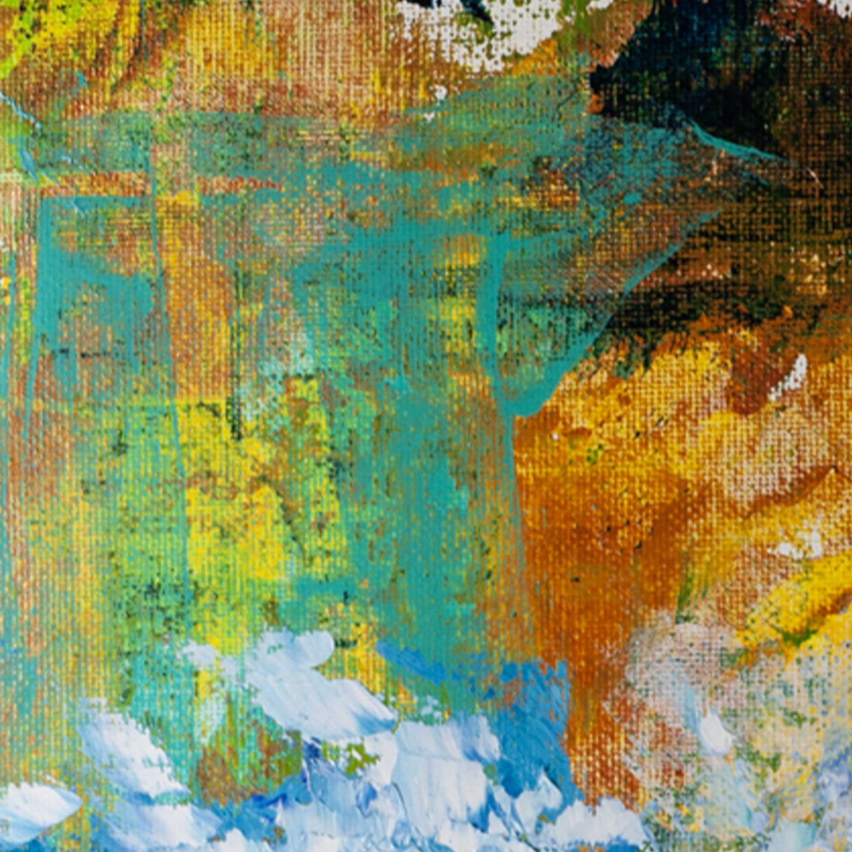 Close-up detail of Capsule Tale No. 5 showing textured blue wave brushstrokes and layered paint on canvas