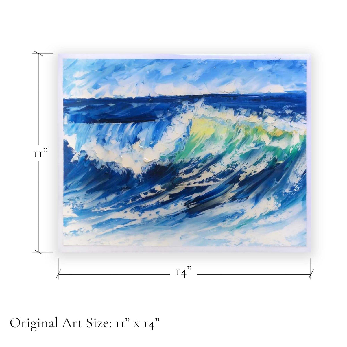 Original art size graphic showing 11 x 14 inch dimensions for Capsule Tale 1 ocean wave painting
