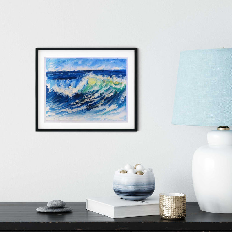 Framed Capsule Tale 1 ocean wave painting displayed in modern coastal interior with neutral decor and soft natural light