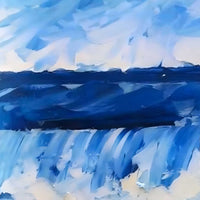 Detail of ocean horizon line and crashing surf with layered navy blues and white foam texture