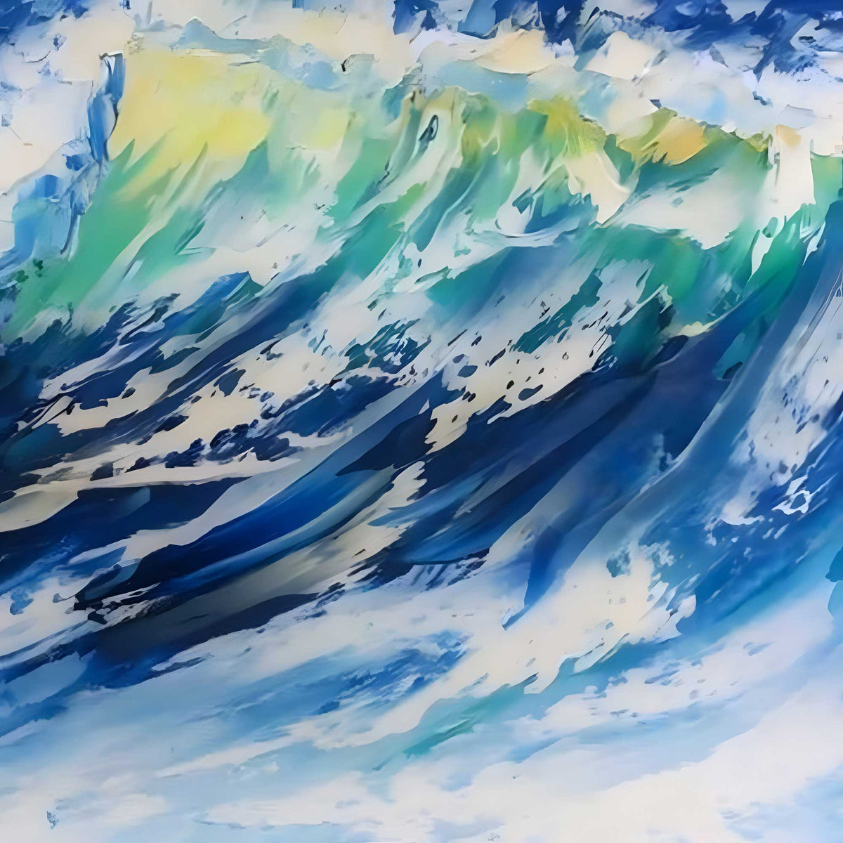 Close-up detail of blue and aqua ocean wave with textured brushstrokes and white sea foam in original painting