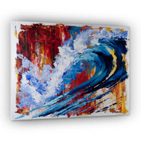 Capsule Tale 11 original 11 x 14 abstract wave painting with bold blue ocean curl and red textured background