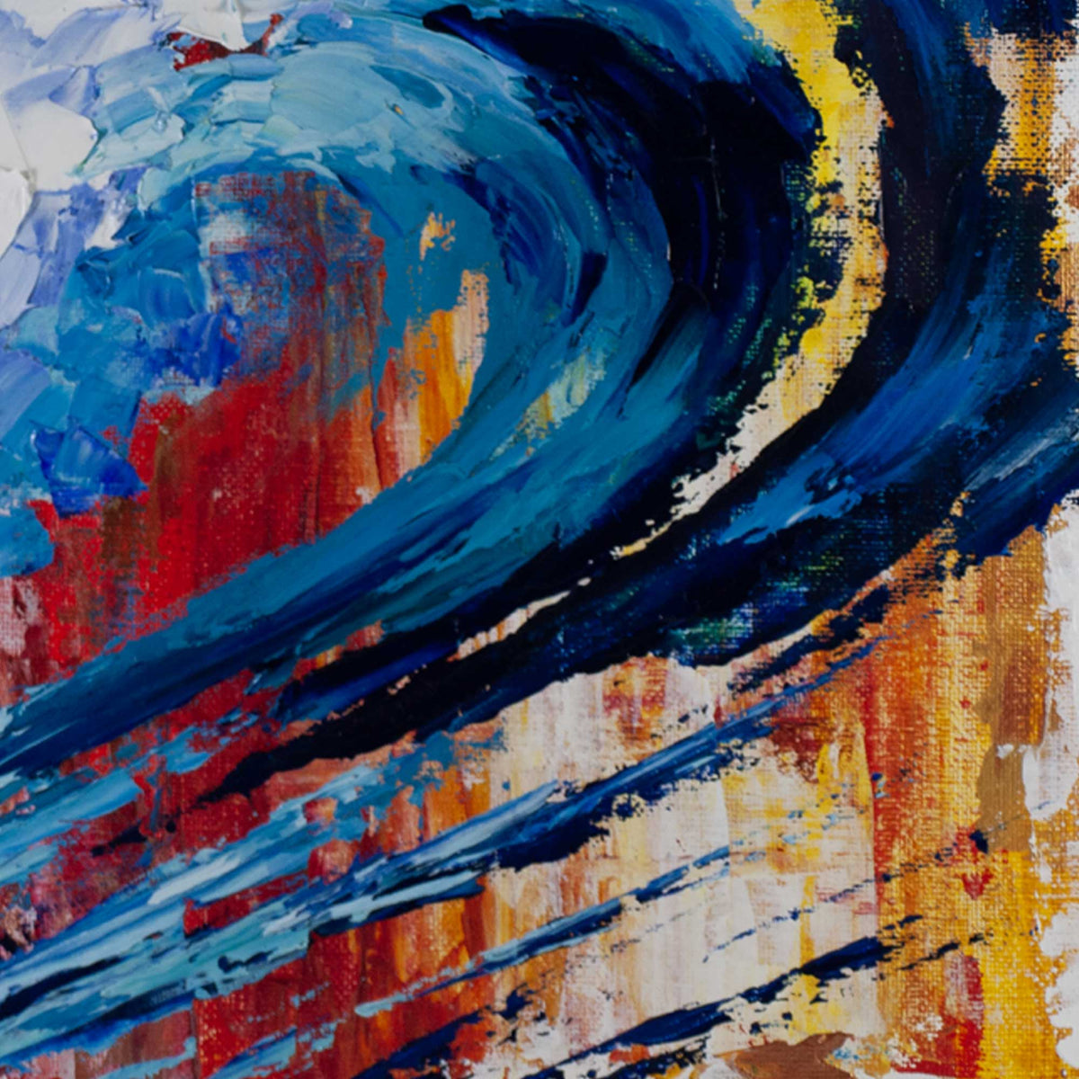 Close up detail of thick blue brushstrokes forming curling ocean wave in abstract painting
