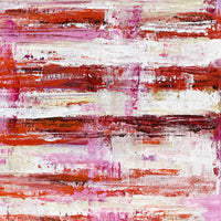Close up detail of pink red and cream abstract American flag stripes with heavy palette knife texture and layered paint