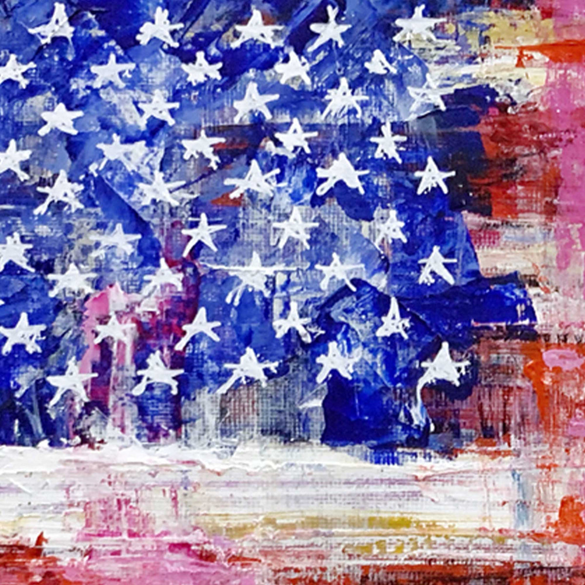 Detail of blue star field with white painted stars in textured abstract American flag artwork