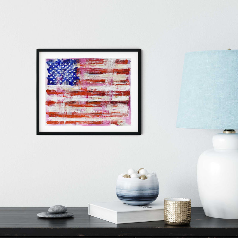 Framed Capsule Tale 13 pink abstract American flag artwork displayed on modern interior wall