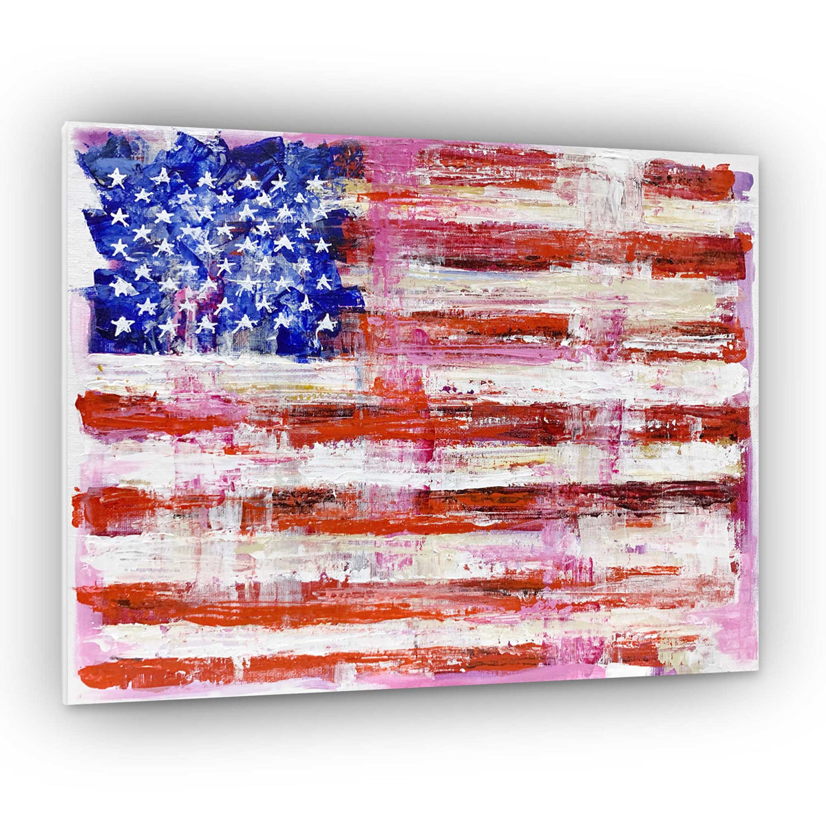 Capsule Tale 13 original 11 x 14 inch abstract American flag painting in pink red white and blue with distressed layered brushwork