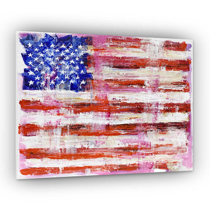 Capsule Tale 13 original 11 x 14 inch abstract American flag painting in pink red white and blue with distressed layered brushwork