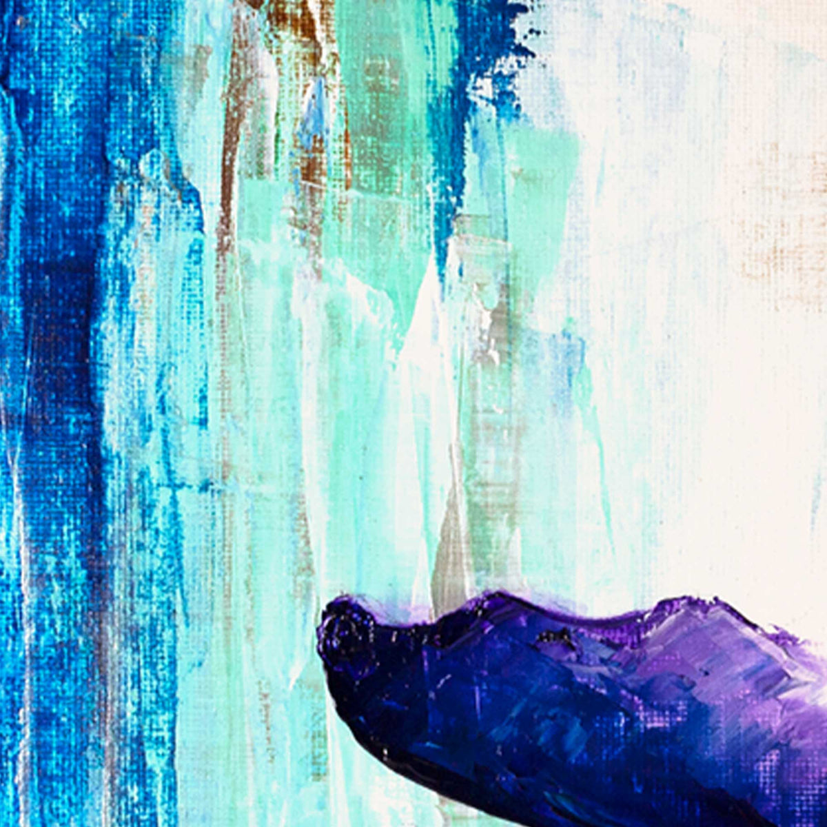 Detail of layered blue and teal vertical brushstrokes and reflective water texture in abstract whale painting