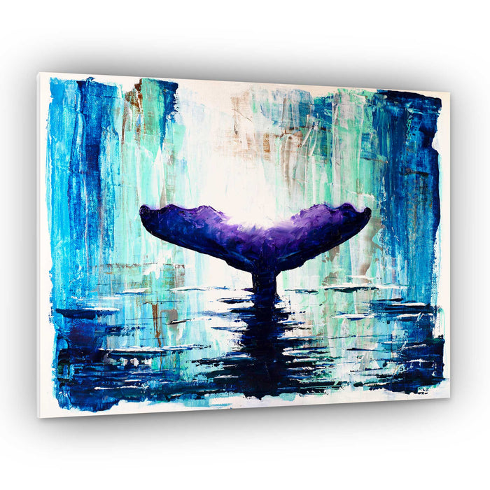 Capsule Tale #14 original 11 x 14 abstract painting featuring a deep blue and violet whale tail emerging from teal water