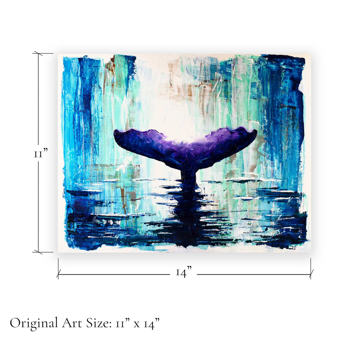 Capsule Tale #14 original abstract whale tail painting shown with 11 x 14 inch size dimensions graphic