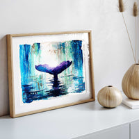 Framed Capsule Tale #14 whale tail abstract artwork displayed in a modern coastal interior with light wood frame