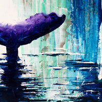 Close-up detail of thick brush texture and layered blue and violet paint in whale tail abstract artwork