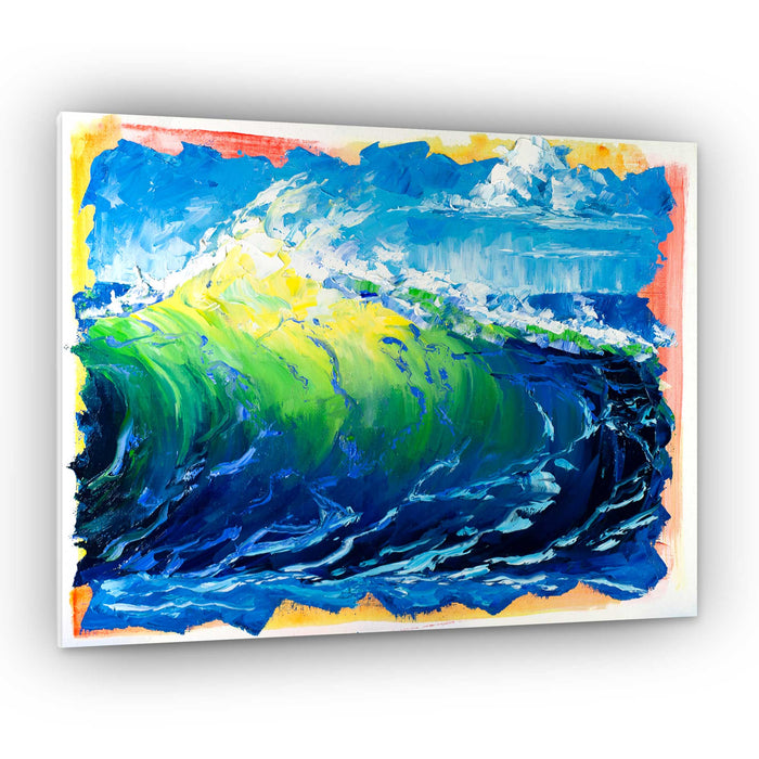 Capsule Tale #15 original 11 x 14 abstract ocean wave painting with vibrant blue and green surf and expressive palette knife texture