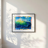 Capsule Tale #15 framed abstract wave painting displayed in a sunlit modern coastal interior with soft shadows