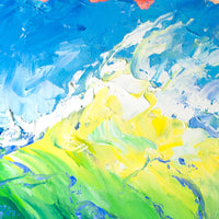 Macro detail of Capsule Tale #15 abstract surf painting featuring bold brushwork, white crest highlights, and layered acrylic texture