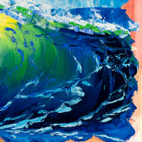 Close-up detail of Capsule Tale #15 showing thick palette knife texture and luminous green and blue breaking wave