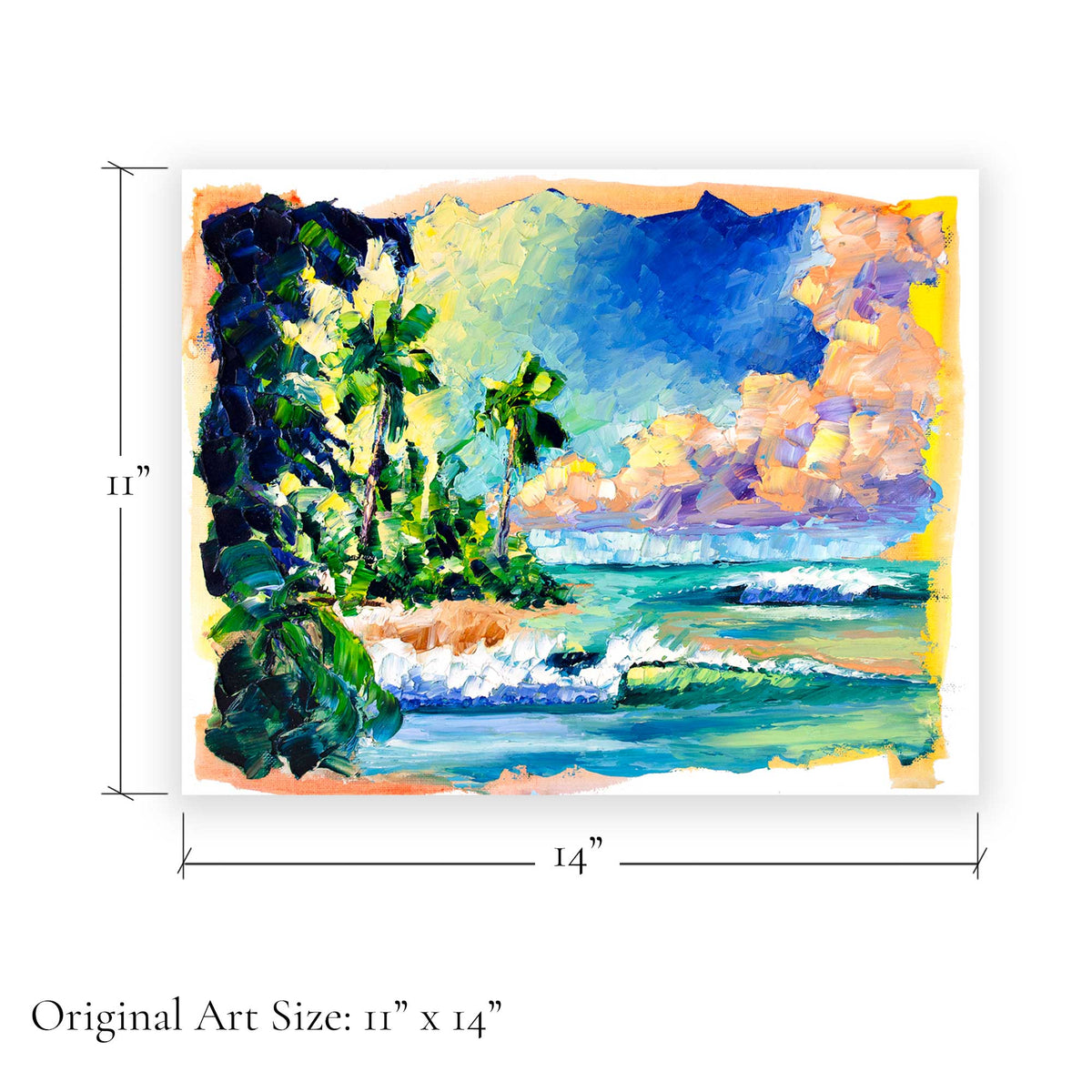 Original art size graphic showing 11 x 14 inch dimensions for Capsule Tale 17 tropical beach painting