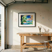 Framed Capsule Tale 17 tropical beach painting displayed in sunlit studio interior with black frame and white mat