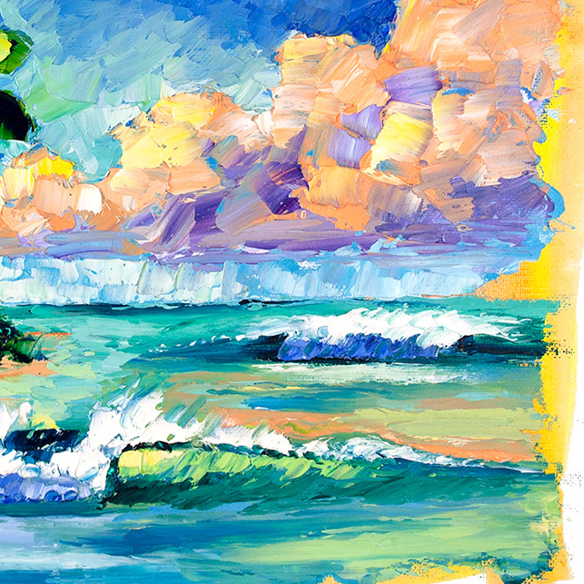 Detail of turquoise ocean waves and layered pastel sky in colorful tropical beach painting