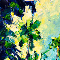 Close-up detail of textured palm trees with layered green brushstrokes in tropical coastal painting