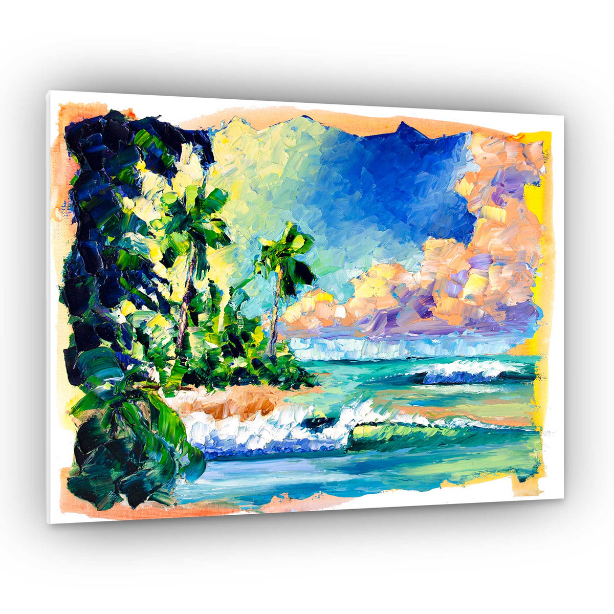 Capsule Tale 17 original 11 x 14 tropical beach painting with palm trees, ocean waves, and colorful sky by 5th and Rugged