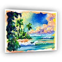 Capsule Tale 17 original 11 x 14 tropical beach painting with palm trees, ocean waves, and colorful sky by 5th and Rugged