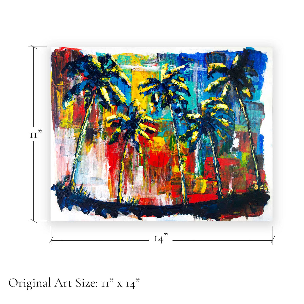Original art size graphic showing 11 x 14 inch dimensions for Capsule Tale 18 palm tree painting