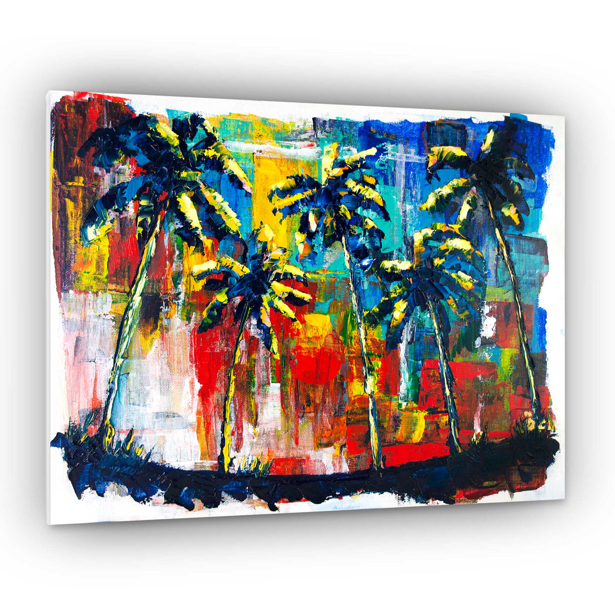 Capsule Tale 18 original 11 x 14 colorful palm tree painting with bold red, blue, and yellow abstract background by 5th and Rugged