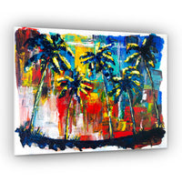 Capsule Tale 18 original 11 x 14 colorful palm tree painting with bold red, blue, and yellow abstract background by 5th and Rugged