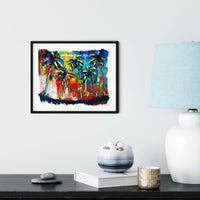 Framed Capsule Tale 18 colorful palm tree painting displayed in modern minimalist interior with black frame and white mat