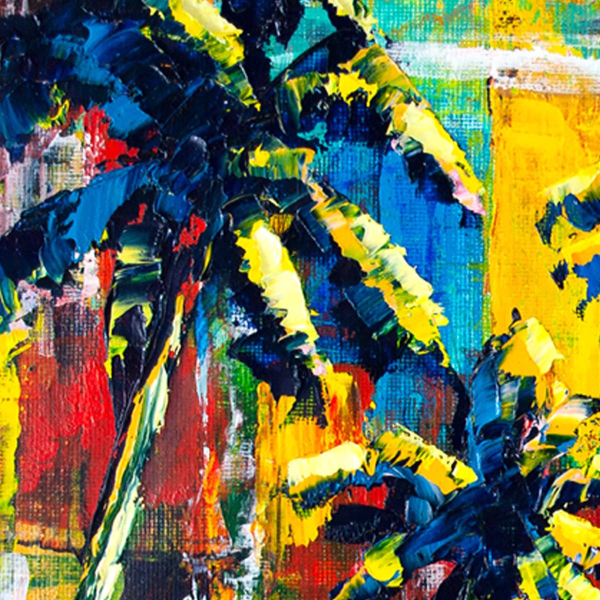 Close-up detail of thick impasto palm leaves with vibrant yellow and blue brushstrokes