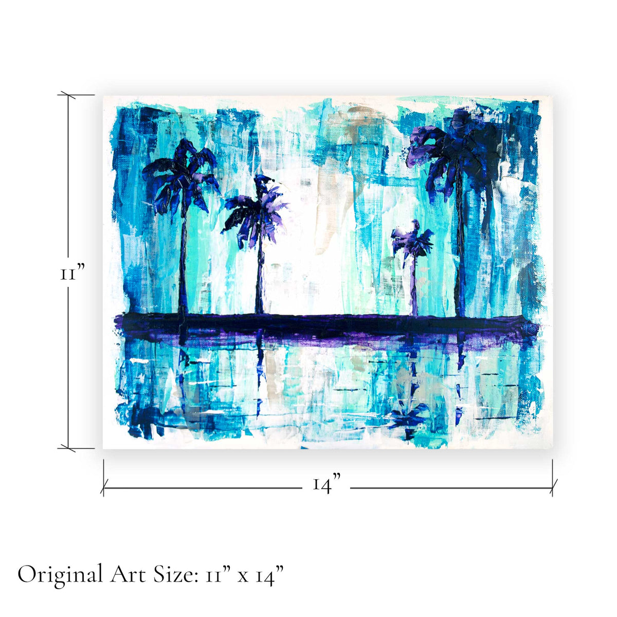 Original art size graphic showing 11 x 14 inch dimensions for Capsule Tale 19 blue coastal painting