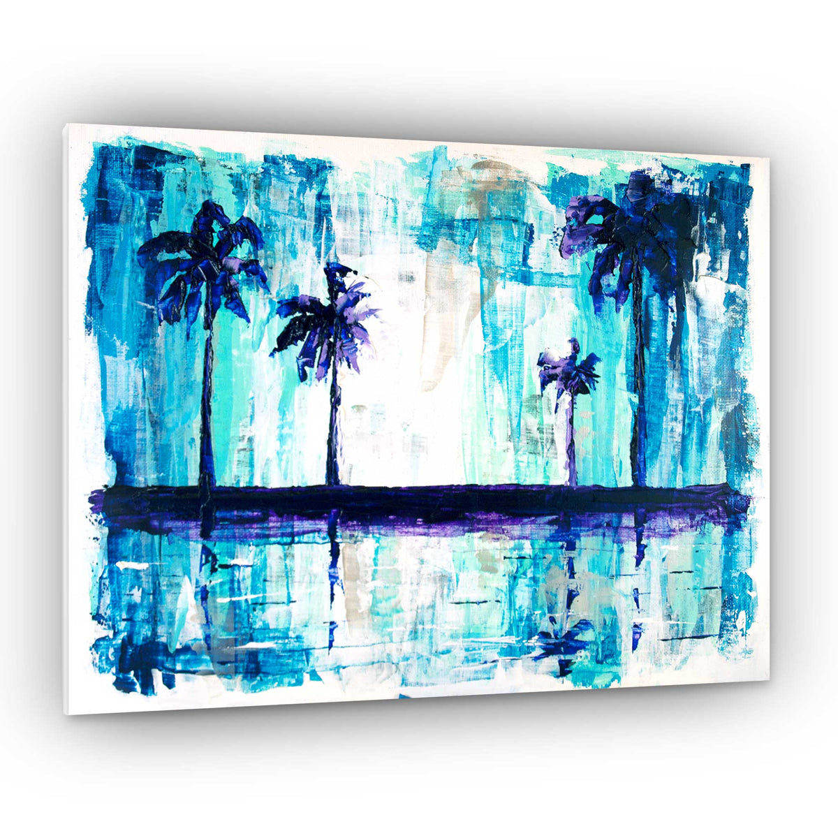 Capsule Tale 19 original 11 x 14 blue palm tree painting with reflective water and layered teal background by 5th and Rugged