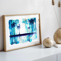 Framed Capsule Tale 19 blue palm reflection painting displayed in modern neutral interior with light wood frame and white mat