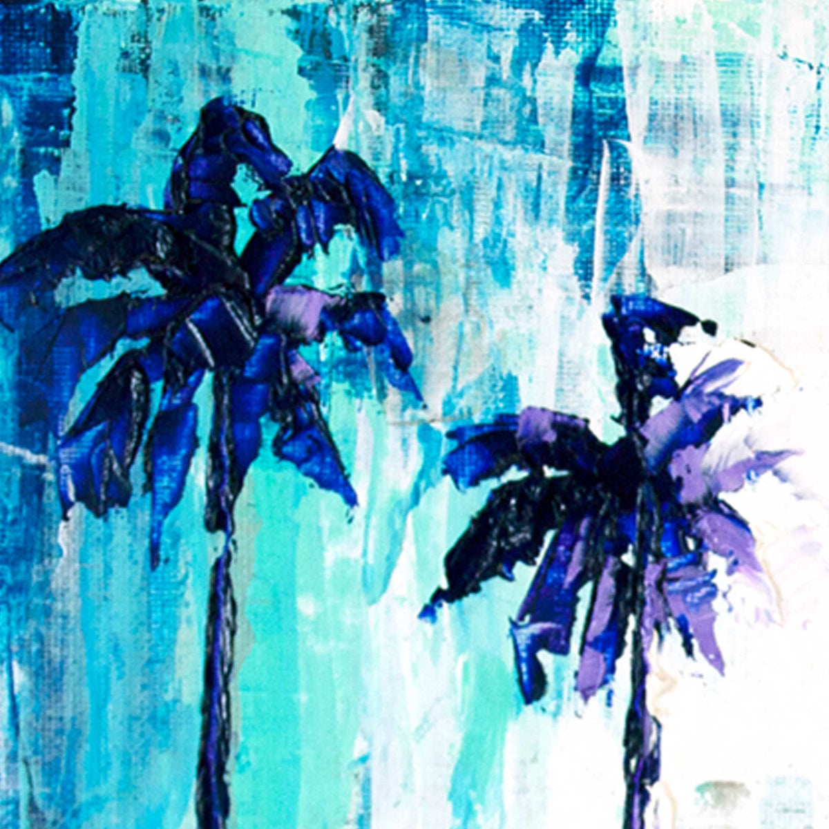 Close-up detail of deep blue palm tree silhouettes in modern coastal abstract painting