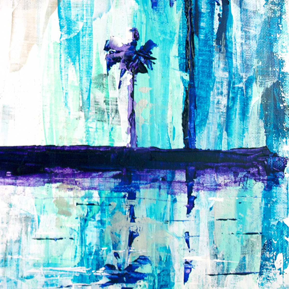 Detail of layered teal and aqua brushstrokes creating reflective water effect in coastal painting