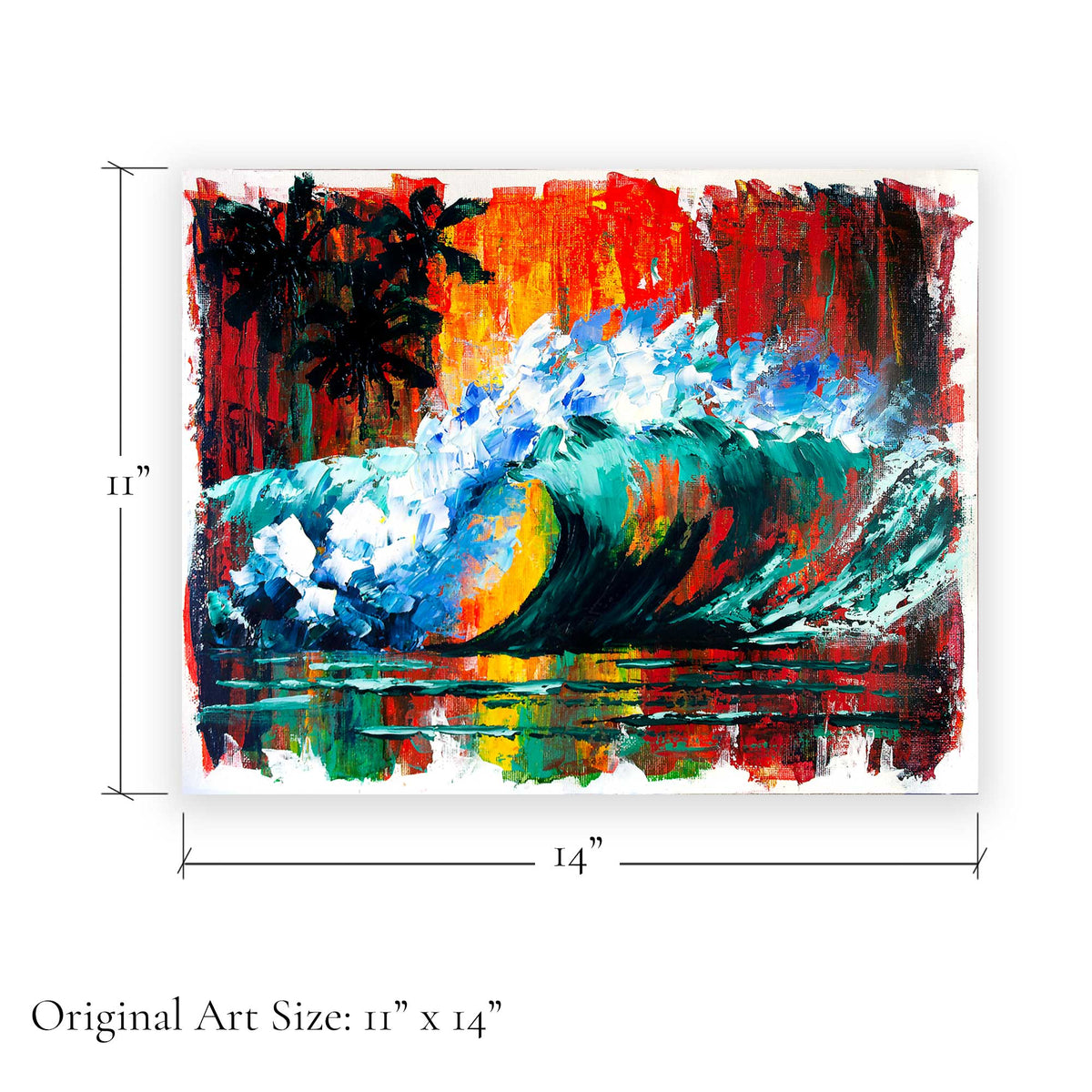 Original art size graphic showing 11 x 14 inch dimensions for Capsule Tale 22 tropical wave painting