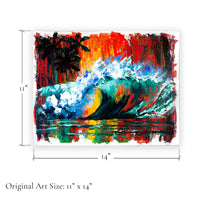 Original art size graphic showing 11 x 14 inch dimensions for Capsule Tale 22 tropical wave painting