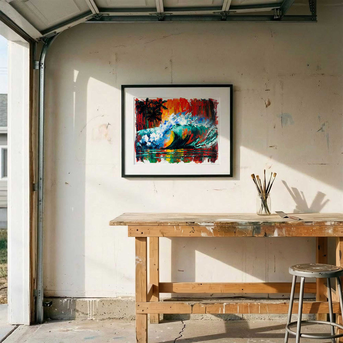 Framed Capsule Tale 22 tropical wave painting displayed in sunlit working studio with black frame and white mat