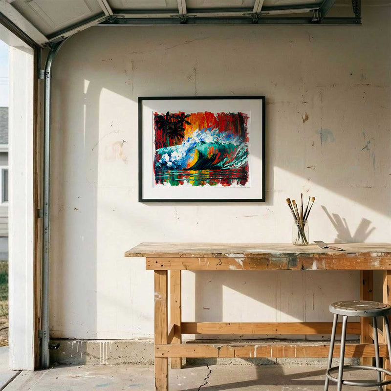 Framed Capsule Tale 22 tropical wave painting displayed in sunlit working studio with black frame and white mat