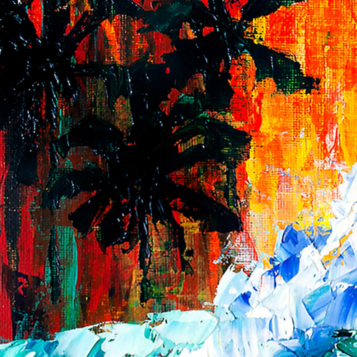 Dark palm tree silhouettes against fiery red and orange tropical sunset background