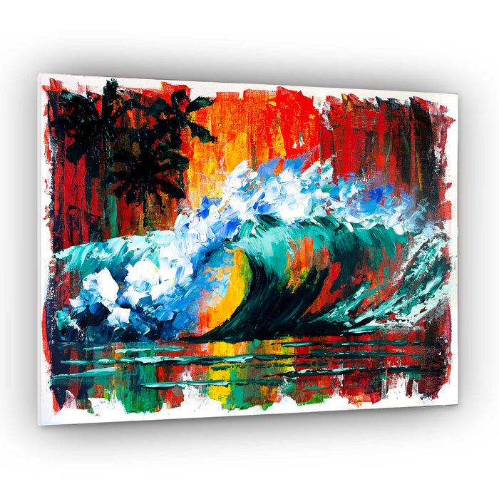 Capsule Tale 22 original 11 x 14 tropical wave painting with bold red sunset background and emerald green surf by 5th and Rugged