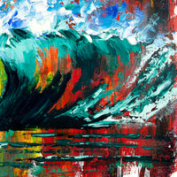 Close-up detail of curling emerald green ocean wave with thick palette knife texture