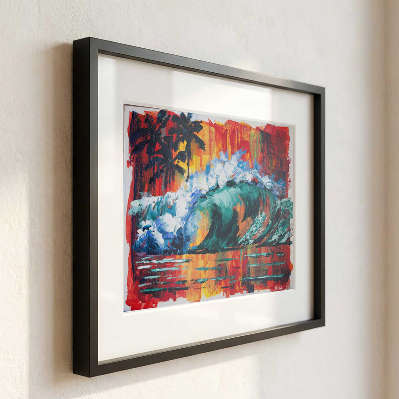 Framed Capsule Tale 23 tropical wave painting displayed in modern interior with black frame and white mat
