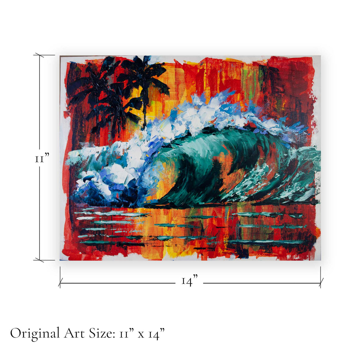 Original art size graphic showing 11 x 14 inch dimensions for Capsule Tale 23 tropical wave painting